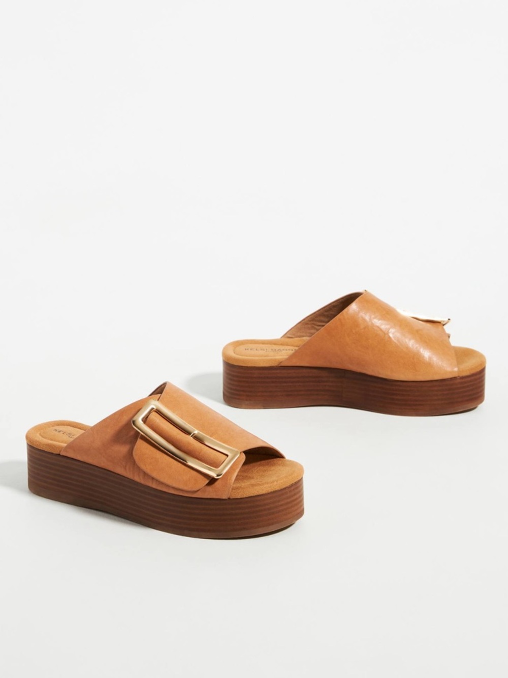 Kelsi Dagger Tan Leather Platform Slide with Gold Buckle - Picture 2 of 7